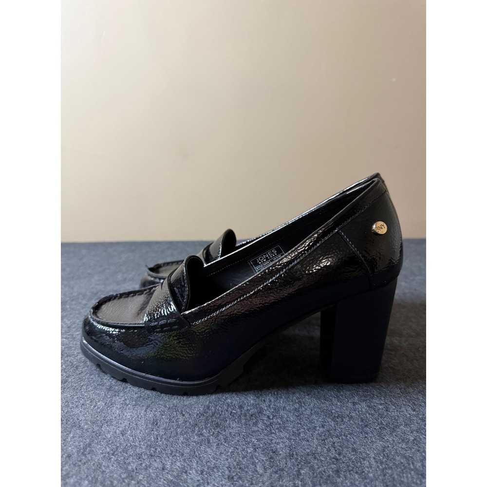 Jones New York Cyrusa Black Patent Heeled Penny Loafers Lug Sole 8.5W